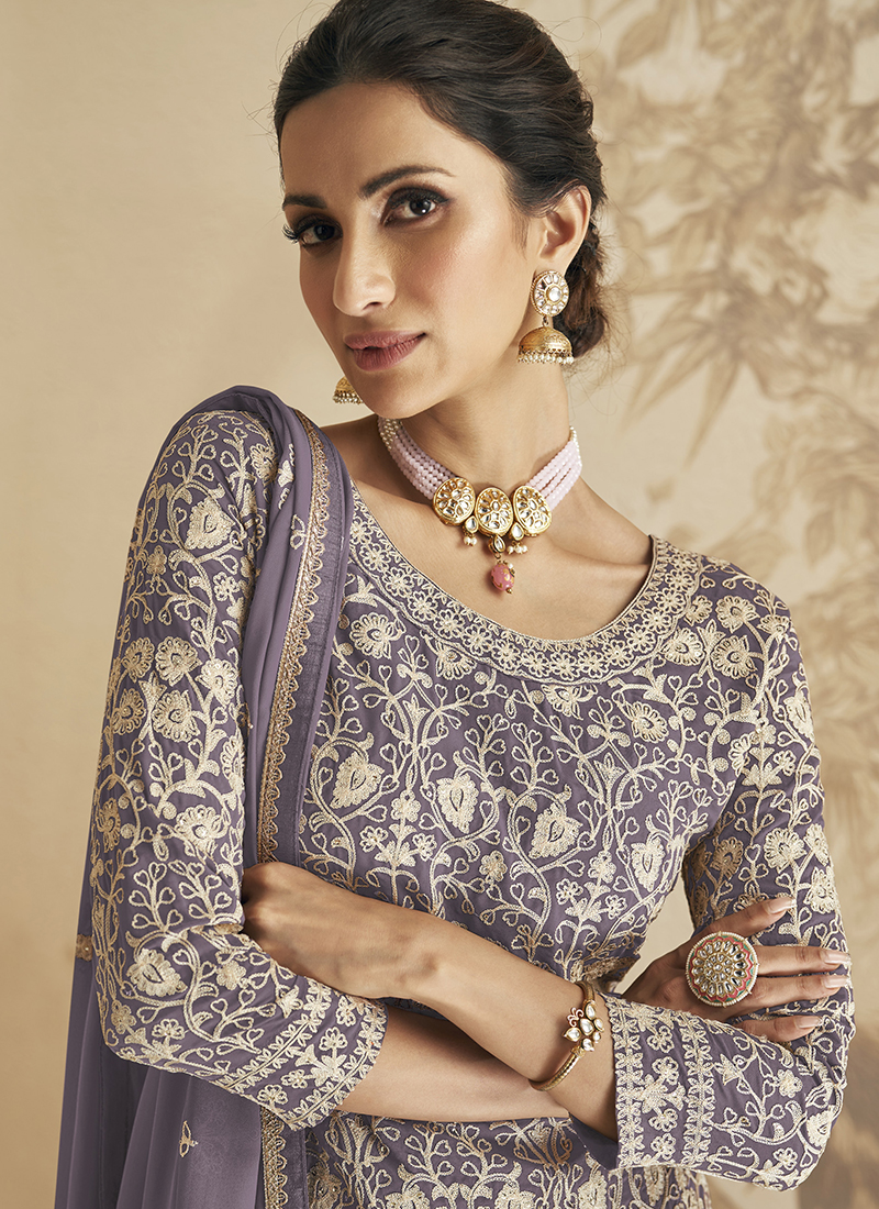 Gorgeous Brown Fandy Silk Embroidery Work Sharara Suit main image 1